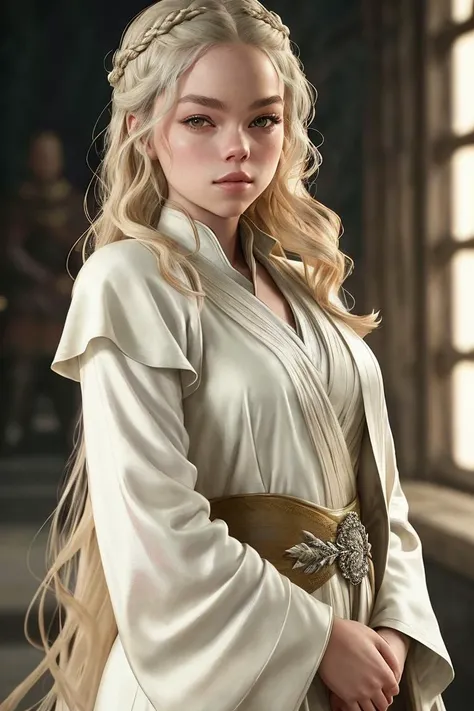 photo of (m4lc0ck-130), a woman as a (sexy Targaryen) in (Game of Thrones:1.2), (wearing a long sleeve white robe:1.1), (in the throne room:1.1), modelshoot style, (extremely detailed CG unity 8k wallpaper), photo of the most beautiful artwork in the world, professional majestic oil painting by Ed Blinkey, Atey Ghailan, Studio Ghibli, by Jeremy Mann, Greg Manchess, Antonio Moro, trending on ArtStation, trending on CGSociety, Intricate, High Detail, Sharp focus, dramatic, photorealistic painting art by midjourney and greg rutkowski, (elegant royal attire:1.2), ((vivid atmosphere)), (looking at viewer:1.2), (detailed pupils:1.3), ((closeup portrait:1.1))