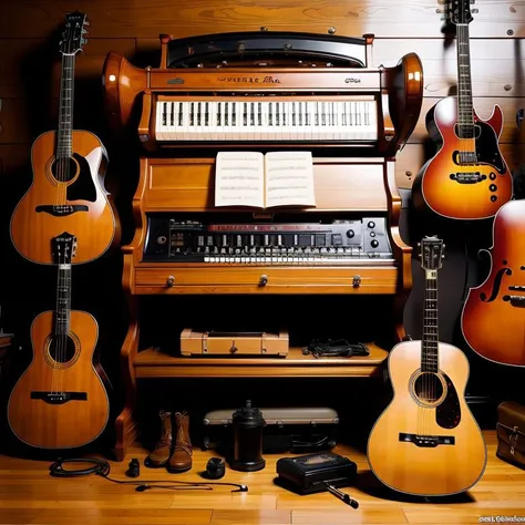 masterpiece,best quality,musician's tools,musical instruments,knolling,<lora:knolling3:0.7>,