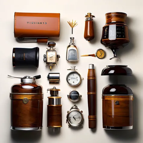 best quality, masterpiece, photo realistic, highly detailed, photo realistic, minimalist, clean background, from top, knolling, a set of gentleman's trinkets, with watches, old style razor, comb, pocket watch, sun glasses, (film grain:1.2), <lora:more_details:0.32> <lora:knolling3:1>