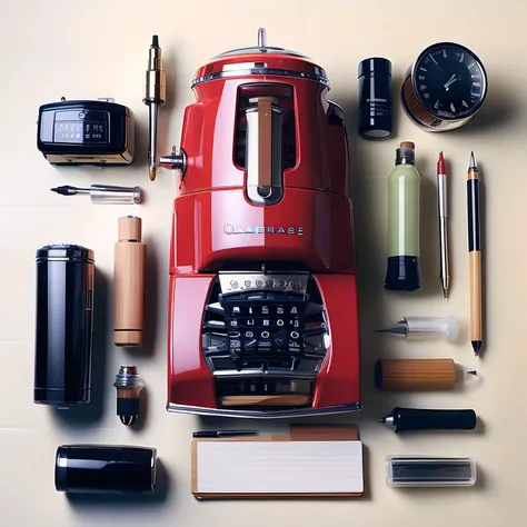 masterpiece,best quality,office stationeries,office supplies,envelopes,letter opener,fountain pen,calculator,notepad,knolling,from top,top down view,<lora:knolling3:1>,
