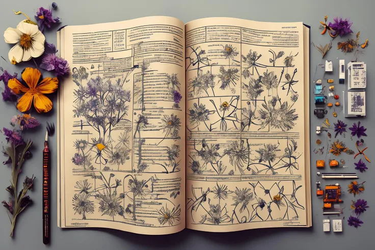 <GlowingRunesAIv2:0.7> SteampunkSchematics, oil painting, (wild flowers:1.4), intricate, detailed, masterpiece, colorful, <lora:knolling3:0.3> knolling, calligraphy