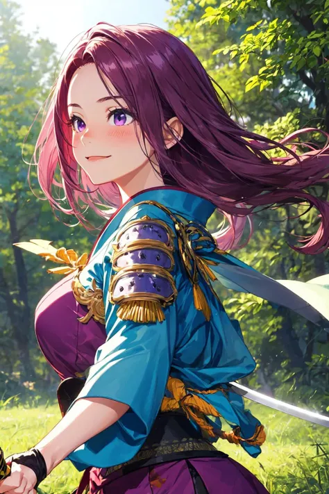 MGCM_seira, medium long hair, purple hair, purple eyes, <lora:MGCM_seira_v2:0.7>, medium breasts, BREAK samurai, armor, <lora:samuraiLoraV01:0.5>, beautiful, masterpiece, 8K resolution, extremely detailed face, 1girl, Beautiful woman, 25 years old, eye highlights, dynamic angle, looking away, smile, blush, running, dynamic, vigorous movement, windy, holding a Japanese sword, holding a Japanese sword, holding a Japanese sword, holding a weapon, windy, wind lift, BREAK anime background, outdoors, pine forest, japanese forest, gentle sunlight, <lora:flat2-dim1:-0.5>