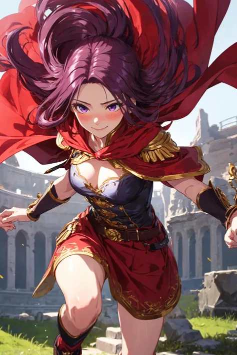 MGCM_seira, medium long hair, purple hair, purple eyes, <lora:MGCM_seira_v2:0.7>, medium breasts, BREAK romanarmy, female romanarmy warrior with helmet on and red cape, <lora:ARWromanarmy:0.7>, beautiful, masterpiece, 8K resolution, extremely detailed face, 1girl, Beautiful woman, 25 years old, eye highlights, dynamic angle, looking away, smile, blush, running, dynamic, vigorous movement, windy, windy, wind lift, BREAK anime background, outdoors, colosseum, crowd, stone pillars, stage, <lora:flat2-dim1:-0.5>