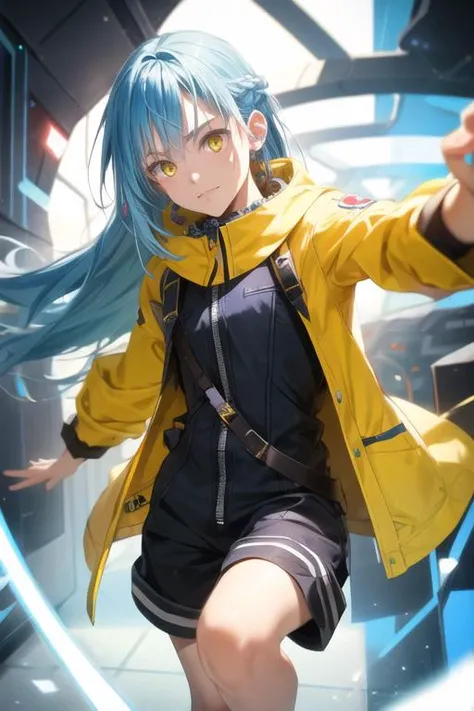 masterpiece, best quality, photorealistic, 1boy, solo, male focus, looking at viewer, , depth of field, <lora:rimuru_tempest:0.64>, rimuru_tempest, blue hair, yellow eyes, long hair, romper, , science fiction time travel,