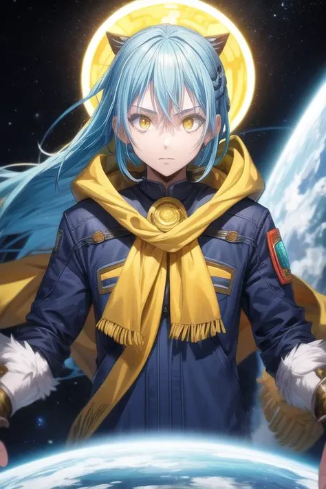 masterpiece, best quality, illustration, 1boy, solo, male focus, looking at viewer, upper body, , <lora:rimuru_tempest:0.74>, rimuru_tempest, blue hair, yellow eyes, long hair, day of the dead costume, science fiction space western,