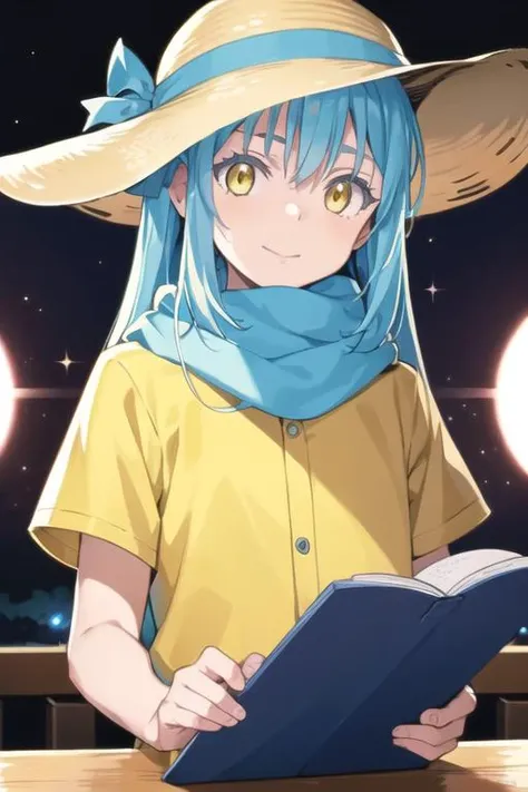 masterpiece, best quality, illustration, 1boy, solo, male focus, looking at viewer, upper body, depth of field, <lora:rimuru_tempest:0.74>, rimuru_tempest, blue hair, yellow eyes, long hair, scarf, sun hat, science fiction hard science fiction, 32k resolution