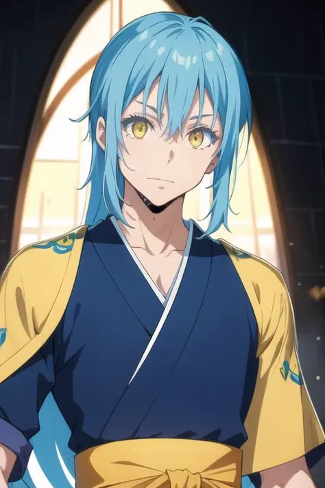 masterpiece, best quality, illustration, 1boy, solo, male focus, looking at viewer, upper body, , <lora:rimuru_tempest:0.68>, rimuru_tempest, blue hair, yellow eyes, long hair, japanese costume, superhero fiction,