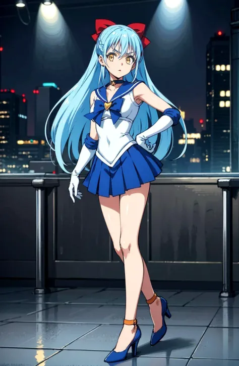 masterpiece, best quality, game cg, 1girl, solo, female focus, looking at viewer, full body, medium breasts, depth of field, <lora:rimuru_tempest:0.74>, rimuru_tempest, blue hair, yellow eyes, long hair, sv1, sailor senshi uniform, orange skirt, elbow gloves, orange sailor collar, red bow, orange choker, white gloves, jewelry, high heels,
<lora:sailor_venus_v2:0.4>