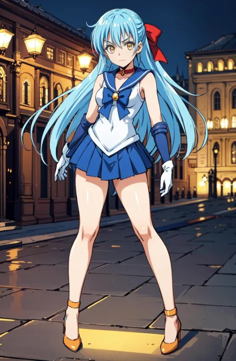masterpiece, best quality, game cg, 1girl, solo, female focus, looking at viewer, full body, medium breasts, depth of field, <lora:rimuru_tempest:0.74>, rimuru_tempest, blue hair, yellow eyes, long hair, sv1, sailor senshi uniform, orange skirt, elbow gloves, orange sailor collar, red bow, orange choker, white gloves, jewelry, high heels,
<lora:sailor_venus_v2:0.4>