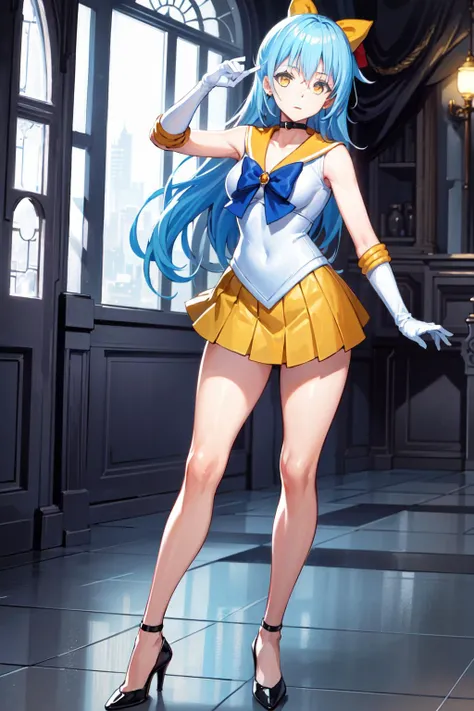 3DMM style,(Masterpiece, Top Quality, Best Quality, official arts, beautiful and aesthetic:1.2), (s fractal art:1.3), 1girl, (anthro furry:1.6, Horns, hooves:1.5, deer ears, Deer tail, fluffy skin), Beautiful, highly detailed, azure hair, gray eyes, Dark lighting, seductive face, Middle C sailor moon cosplay outfit:1.8, white plate miniskirt, translucent stockings, fetish, hogh heeled boots), Seductive legs, full - body:1.8, ah high, perfect anatomy, nightly roof, moon