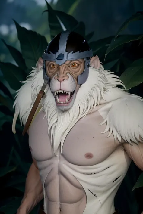 <lora:Monkian_v1:1>,  Hyperrealistic, Masterpiece, Volumetric Lighting, Subsurface Scattering, Photorealistic, volumetric lighting, best quality, intricate details, tonemapping, sharp focus, hyper detailed, absurdres, highres, upper body photograph of, monkian, upper body, 1boy, helmet, open mouth, sharp teeth, tropical jungle background,