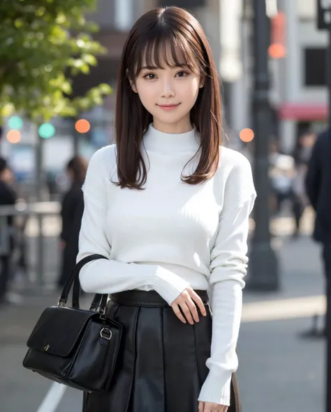 pureerosface_v1, best quality, photorealistic, 8k, high res, 1girl, woman, (skindentation), (portrait:0.6), gorgeous, dynamicpose, ((cityscapebackground:1.6)), coconut tree, ((white highnecksweater:1.74)), straight-looking at viewer:1.8, (1girl eyes looking at viewer, medium-length hair, brownhair, partedbangs:1.65), (bokeh), smile:1.2, (closed mouth:1.16), <lora:CBAV-nagase:0.6>
