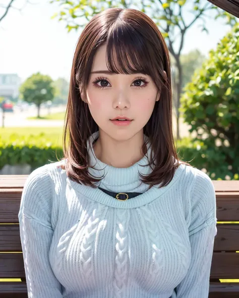 pureerosface_v1:0.3, best quality, photorealistic, 8k, high res, full color, 1girl, woman, 20 years old woman, (skindentation), (portrait:0.6), trees, park bench, daylight, ((park background:1.52)), full color, ((necksweater:1.68)), looking at viewer:1.8, (1girl eyes looking at viewer:1.55), (short-length hair, brownhair, partedbangs:1.45), (bokeh), <lora:AAG-nashiko:0.7>
