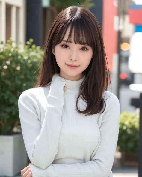 pureerosface_v1, best quality, photorealistic, 8k, high res, 1girl, woman, (skindentation), (portrait:0.6), gorgeous, dynamicpose, ((cityscapebackground:1.6)), coconut tree, ((white highnecksweater:1.74)), straight-looking at viewer:1.8, (1girl eyes looking at viewer, medium-length hair,  brownhair, partedbangs:1.65), (bokeh), smile:1.2, (closed mouth:1.16), <lora:CBAV-nagase:0.6>