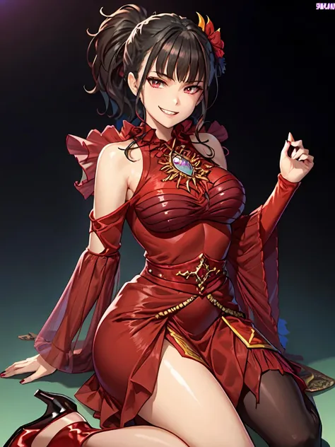 (extremely detailed CG), (best quality), 1girl,solo perfect face,  shiny skin, lustrous skin, wide hips, narrow waist, AguileraRevice, long hair,ponytail,boots,red footwear,bare shoulders,high heels,nail polish, hair ornament,bangs,jewelry black hair,detached sleeves,dress,green bikini, ,evil grin