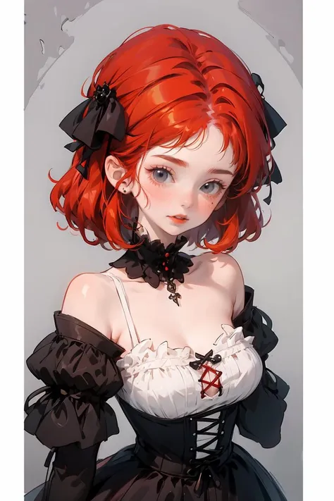 (masterpiece, best quality), 1girl, red hair, medium chest, gothic frill dress, pervert face,