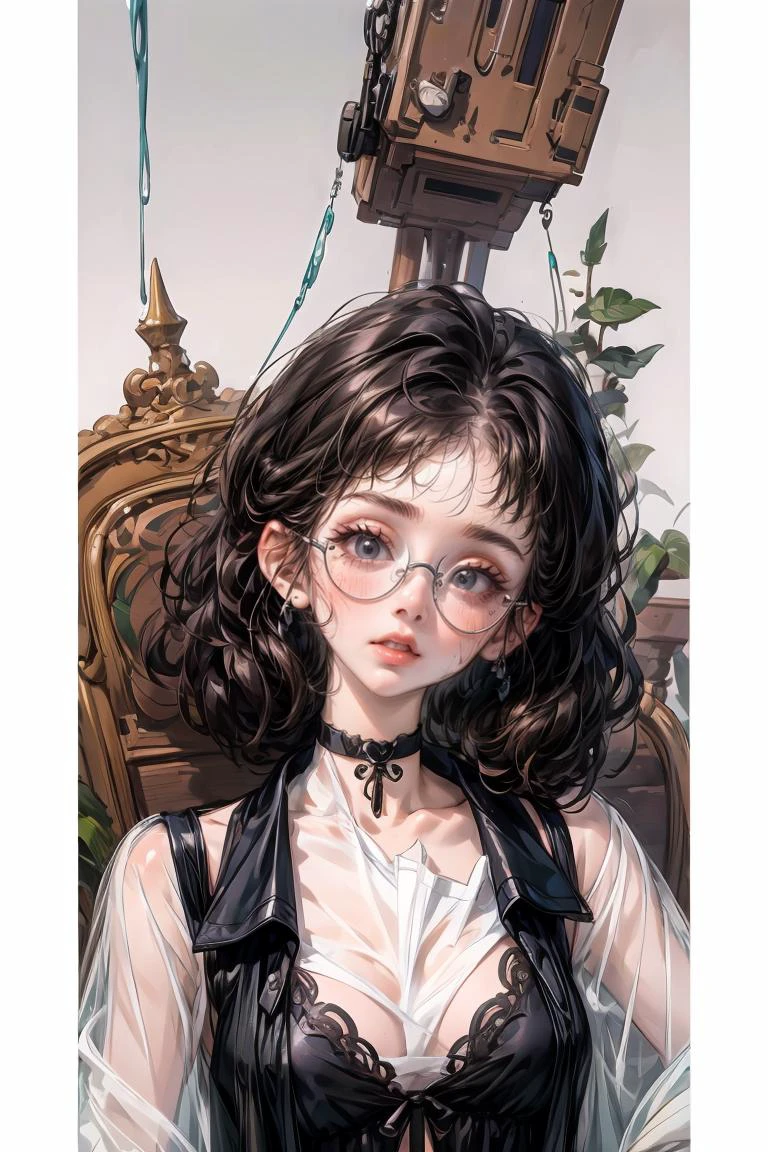 (masterpiece, best quality), 1girl, messy hair, choker, black silk pajamas, see-through, glasses, <lora:add_detail:1>