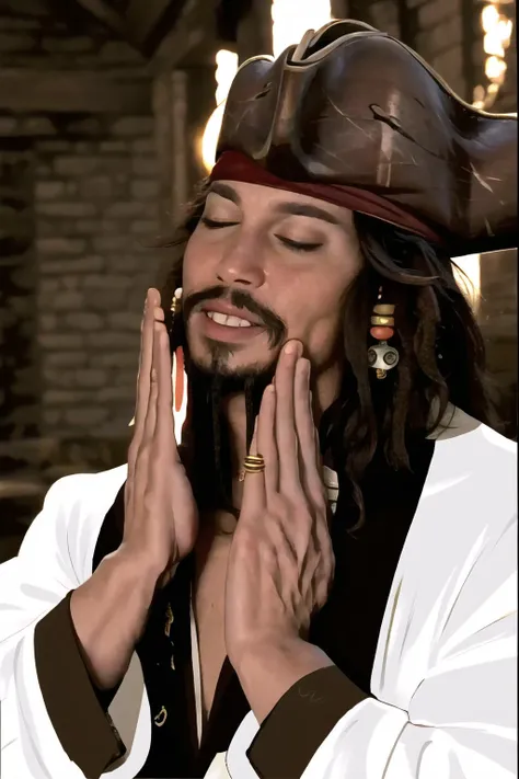 Highly detailed, High Quality, Masterpiece, beautiful, FeelsGood, closed eyes, <lora:FeelsGood:1>, 1boy, solo, jack sparrow, brown eyes, hat, brown hair, earrings, hat, pirate, jewelry, shirt, short hair, white shirt, <lora:Char_Sigmas_JackSparrow:1>, photorealistic,