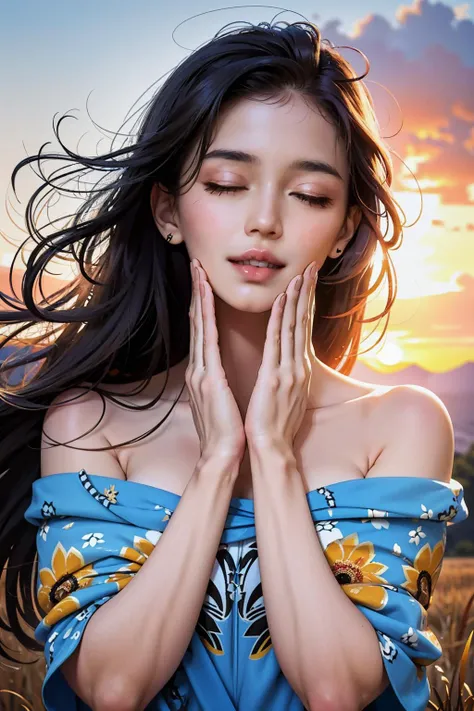 Best quality, masterpiece, ultra high res, raw photo, beautiful and aesthetic,deep shadow, dark theme,(photorealistic:1.4),
(1girl, long hair, FeelsGood, closed eyes, ((hands on both cheeks)), (wind blowing hair, black hair with bangs), print shirt, small face, off shoulders), slim body, fit, cowboyshot,
(background grassland, sunset)