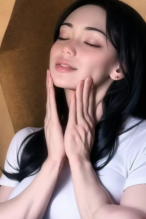 Highly detailed, High Quality, Masterpiece, beautiful, FeelsGood, closed eyes, <lora:FeelsGood:1>, 1girl, solo, black hair, long hair, shirt, white shirt