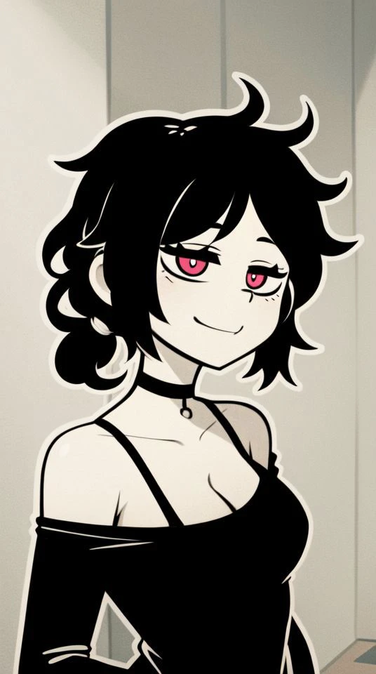 1girl,solo,smile,closed mouth,cleavage,collarbone,upper body,(:3),black choker,(bloody clothes:1.21),crazy look,psycho girl,white outline,<lora:ashley-graves:0.8>,living room,(cracked wall),
