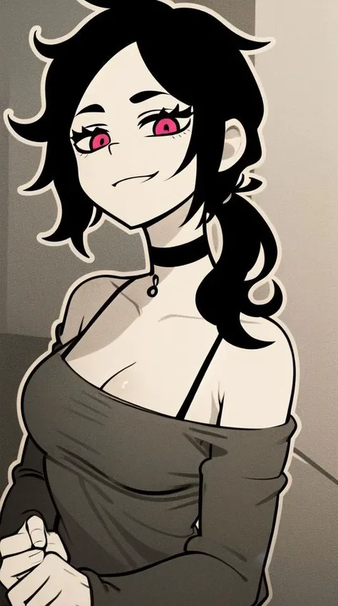 1girl,solo,smile,closed mouth,cleavage,collarbone,upper body,(:3),black choker,(bloody clothes:1.21),crazy look,psycho girl,white outline,<lora:ashley-graves:0.8>,living room,(cracked wall),