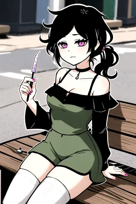 1girl, green dress, :3, white outline, looking at viewer, choker, holding cleaver, blood drip, black choker, black hair, pink eyes, shorts, on bench, park, nail polish, thighhighs
<lora:ashley:0.9>