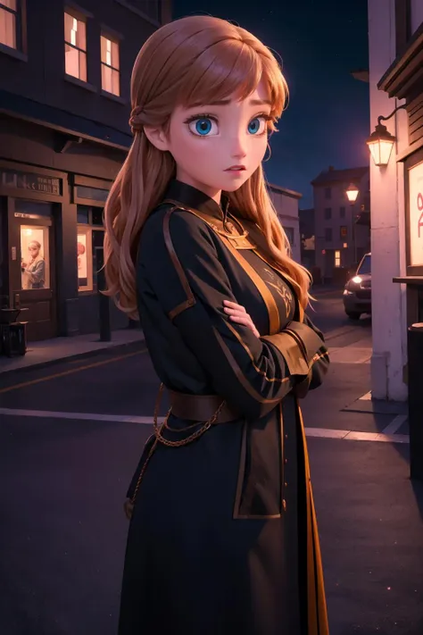 8k,highres, 3d, 1girl, outdoors, street, night, (looking at the viewer), upper body, tabard, coat,shirt, 
 <lora:fanna3:1>