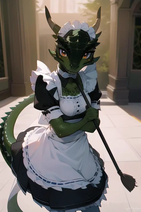 anime, hdr, soft light, ((best quality)), ((masterpiece)), (detailed), <lora:LustyArgonian_7_10:0.9> lustyargonian, maid, colored skin, green skin, maid headdress, tail, horns, (scales:1.2), (snout, animal nose:1.1), blush, embarrassed, (looking at viewer:1.1), holding broom, mansion
