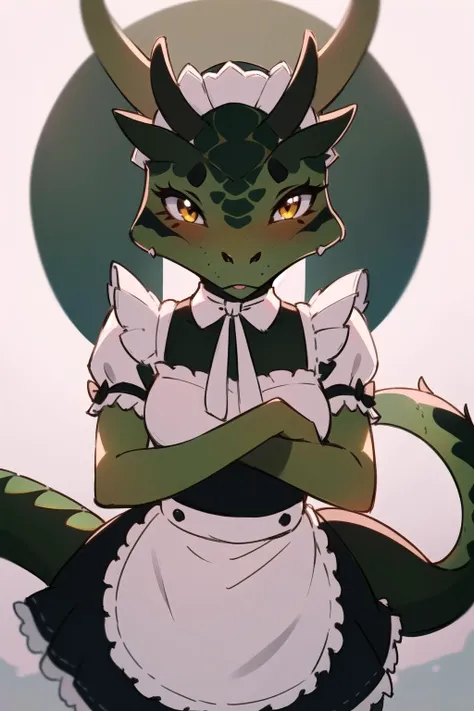 anime, hdr, soft light, ((best quality)), ((masterpiece)), (detailed), <lora:LustyArgonian_7_10:0.9> lustyargonian, maid, colored skin, green skin, maid headdress, tail, horns, (scales:1.2), (snout, animal nose:1.1), blush, embarrassed, (looking at viewer:1.1), cowboy shot,  captivating pose, mansion, <lora:add_detail:-1>