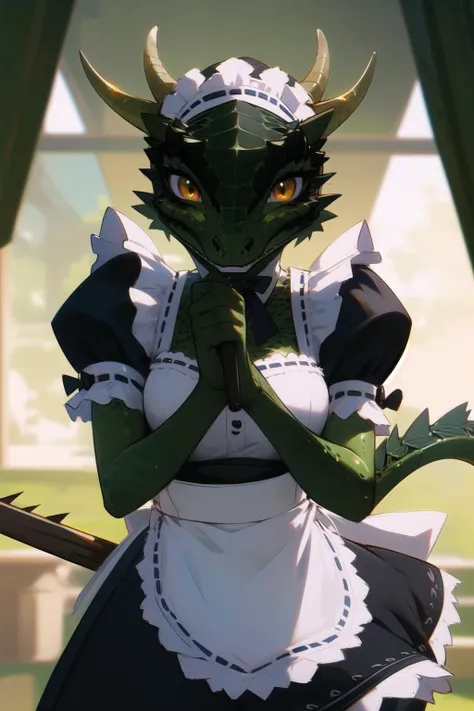 anime, hdr, soft light, ((best quality)), ((masterpiece)), (detailed), <lora:LustyArgonian_7_10:0.9> lustyargonian, maid, colored skin, green skin, maid headdress, tail, horns, (scales:1.2), (snout, animal nose:1.1), blush, embarrassed, (looking at viewer:1.1), holding broom, mansion