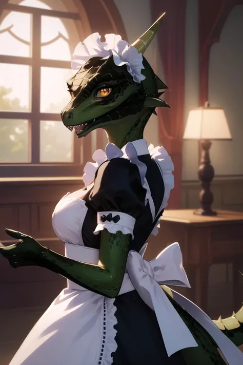 anime, hdr, soft lighting, masterpiece, best quality, (colorful), (delicate eyes and face), <lora:LustyArgonian_7_10:0.8> lustyargonian, 1girl, cute, maid, sharp teeth, maid headdress, tail,  (scales:1.1), breasts, snout, animal nose, yellow eyes, (looking at viewer:1.1), indoors