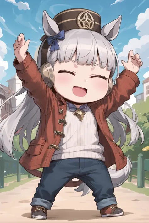 fully body, chibi,
 <lora:fgoAprilFoolStyle_v2:0.9>
gold ship \(umamusume\), outdoors, closed eyes, open mouth, arms up, smile, casual, pillbox hat, brown headwear, red jacket, open jacket, open clothes, ribbed shirt, white shirt, long sleeves, jeans, blue pants <lora:goldShipUmamusume_loha:0.7>