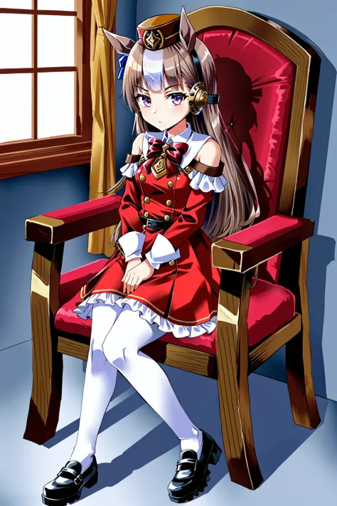 masterpiece, best quality, best aesthetic, ultra-detailed, gold ship \(umamusume\), (age down, 8yo:1.3), pillbox hat, (brown hair, silver:1.5),  brown headwear, red bowtie, bare shoulders, red dress, buttons, white pantyhose, puffy long sleeves, collared dress, frilled dress, mary janes, black footwear, <lora:gold_ship_loha:0.6>, nice hands,  <lora:nice_hands:1>, indoors, expressionless, full body, sitting, royal chair