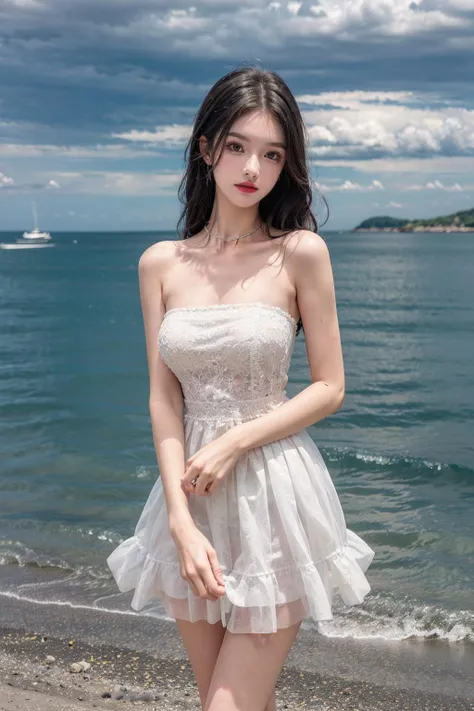 best quality,[masterpiece],((beautiful:0.75) cute girl:0.75),Professional,photo_(medium),ultra-fine painting,1girl,black hair,outdoors,(front:1.3),(standing:1.3),seaside,cloudy sky,cowboy_shot,
<lora:add_detail:1>, <lora:Sweet girl clothes4:0.75> Sweet girl clothes4,strapless dress,