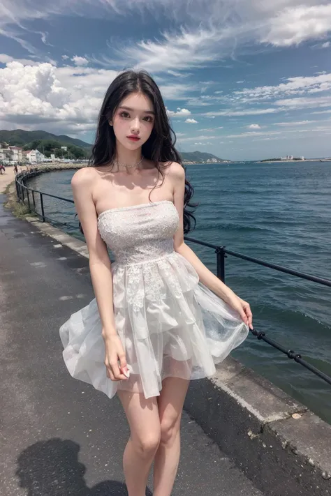 best quality,[masterpiece],((beautiful:0.75) cute girl:0.75),Professional,photo_(medium),ultra-fine painting,1girl,black hair,outdoors,(front:1.3),(standing:1.3),seaside,cloudy sky,cowboy_shot,
<lora:add_detail:1>, <lora:Sweet girl clothes4:0.75> Sweet girl clothes4,strapless dress,jewelry,