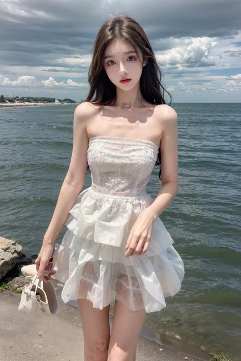 best quality,[masterpiece],((beautiful:0.75) cute girl:0.75),Professional,photo_(medium),ultra-fine painting,1girl,(medium hair:1.4),outdoors,(front:1.3),(standing:1.3),seaside,cloudy sky,(cowboy_shot:1.2),navelwavy hair,
<lora:add_detail:1>,<lora:Sweet girl clothes4:0.75> Sweet girl clothes4,strapless dress,jewelry,