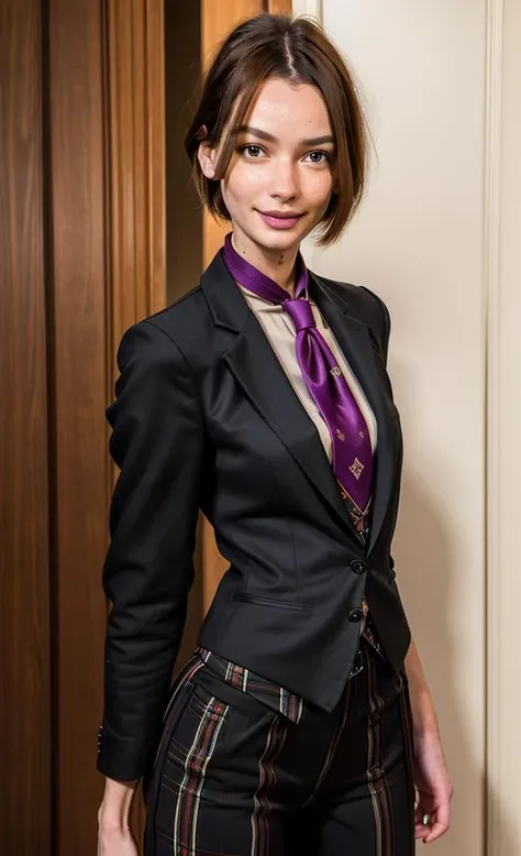 embedding:amy-moloko-step00001000 wearing long chequered trousers, a waistcoat and black suit jacket with a tie, elegant, face