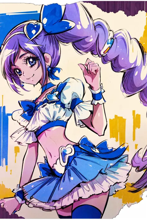 masterpiece,best quality,1girl,cure berry,precure,wrist cuffs,blue skirt,side ponytail,gem,hairband,navy thighhighs,blue ribbon,navel,smile,upper body,<lora:lora_cure_berry_2:0.9>,<lora:KamikitaV2:0.8>,