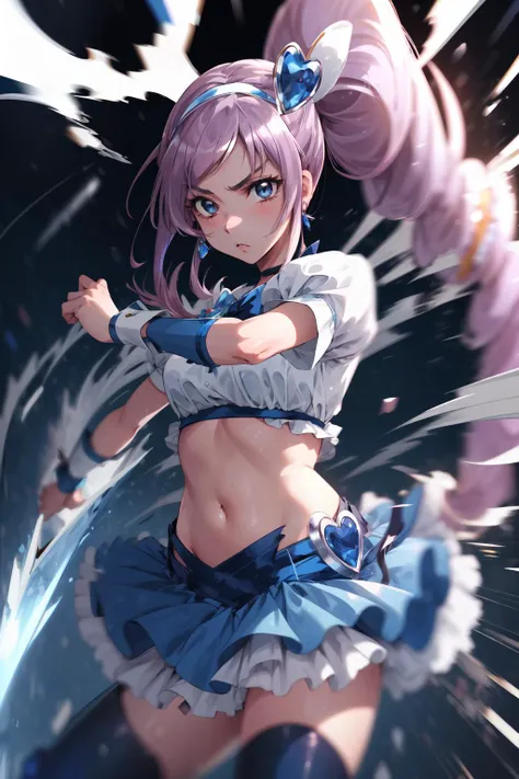 masterpiece,best quality,1girl,cure berry,precure,wrist cuffs,blue skirt,side ponytail,blue boots,gem,hairband,navy thighhighs,blue ribbon,navel,(serious),fighting stance,action pose,attack,motion lines,motion blur,blast wave,cowboy shot,<lora:lora_cure_berry_2:0.9>,