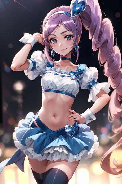 masterpiece,best quality,1girl,cure berry,precure,wrist cuffs,blue skirt,side ponytail,blue boots,gem,hairband,navy thighhighs,blue ribbon,navel,smile,town,<lora:lora_cure_berry_2:0.9>,