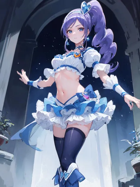 masterpiece, best quality, looking at viewer, depth of field, standing,
1girl, <lora:lora_cure_berry_2:0.9>, cure berry, precure, wrist cuffs, blue skirt, side ponytail, blue boots, gem, hairband, navy thighhighs, blue ribbon, navel,