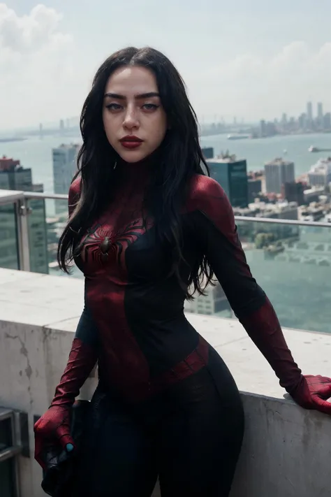 a woman, stand, on top of a building, dressed as spiderman, sexy, looking at the city, <lora:nickinicole-09:1>