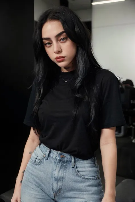 a woman, top black t-shirt, blue jeans, (looking at viewer:1.2), <lora:nickinicole-09:1>