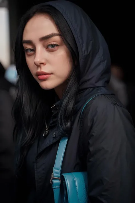 a woman with a blue purse and a black jacket, (looking at viewer:1.2), <lora:nickinicole-09:1>