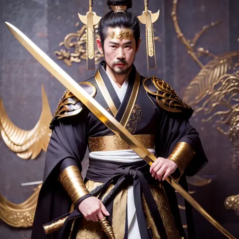 photo, man dressed in black and gold holding a sword (FantasyDaimyo style:1) <lora:djzFantasyDaimyoV21:0.8>