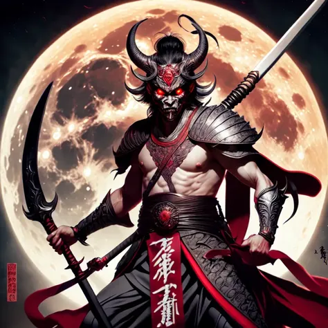 photo, an illustration of a demon holding a sword in front of a full moon (FantasyDaimyo style:1)  <lora:djzFantasyDaimyoV21:0.8>