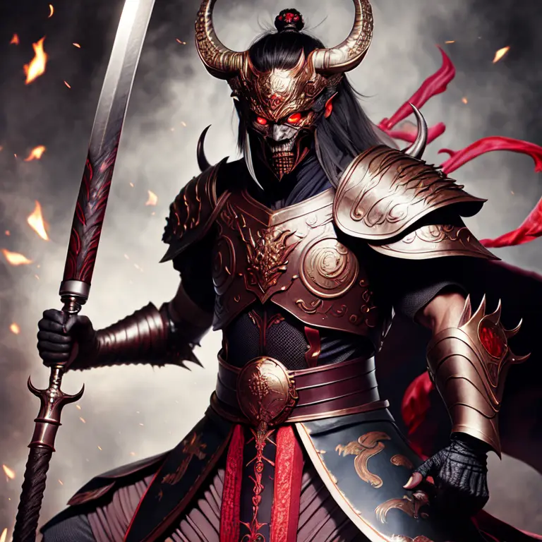 photo, an illustration of a demon in armor holding a sword (FantasyDaimyo style:1) <lora:djzFantasyDaimyoV21:0.8>