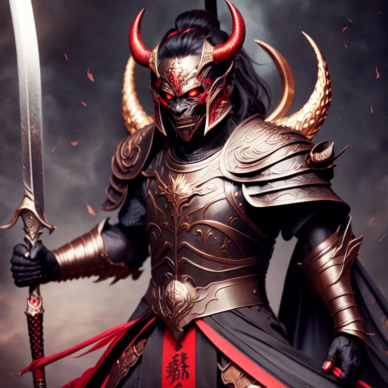 photo, an illustration of a demon in armor holding a sword (FantasyDaimyo style:1) <lora:djzFantasyDaimyoV21:0.8>
