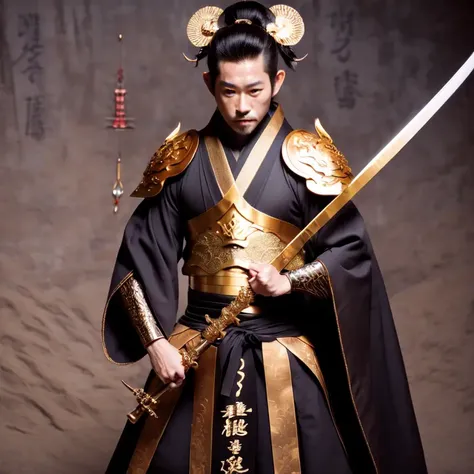 photo, man dressed in black and gold holding a sword (FantasyDaimyo style:1) <lora:djzFantasyDaimyoV21:0.8>